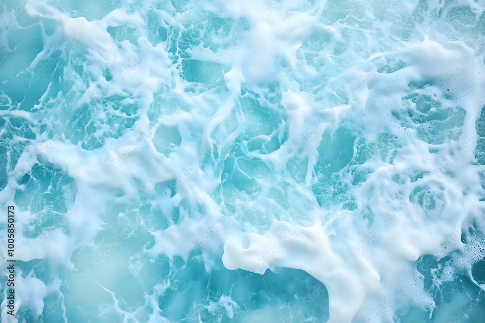 Obraz premium Pure blue turquoise water texture of the ocean sea with foam from and waves, Sea ocean water color background