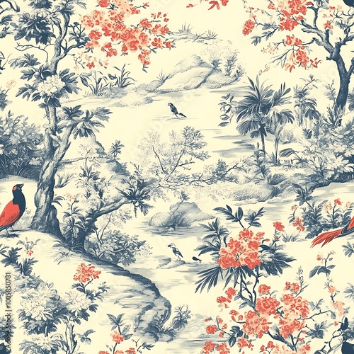 Vintage Toile de Jouy Seamless Floral Pattern Design