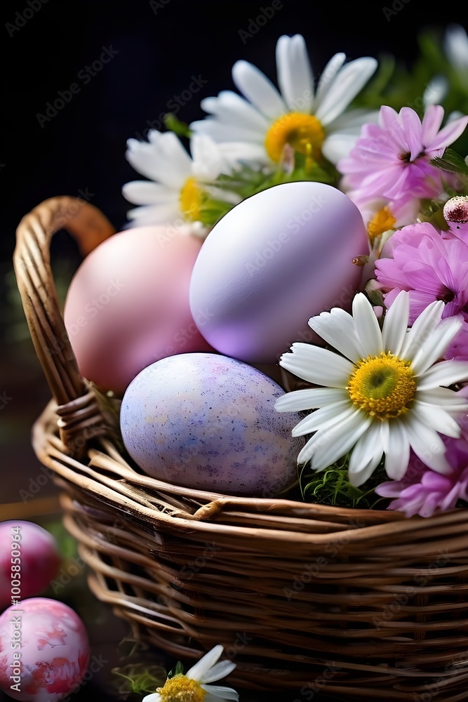 pastel-colored Easter eggs in a wicker basket, surrounded by delicate spring flower pastel-colored Easter eggs in a wicker basket, surrounded by delicate spring flower