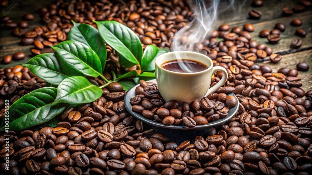 Steaming Cup of Coffee Beans Surrounded by Green Coffee Beans and Leaves - Organic and Fresh Coffee Concept Steaming Cup of Coffee Beans Surrounded by Green Coffee Beans and Leaves - Organic and Fresh Coffee Concept