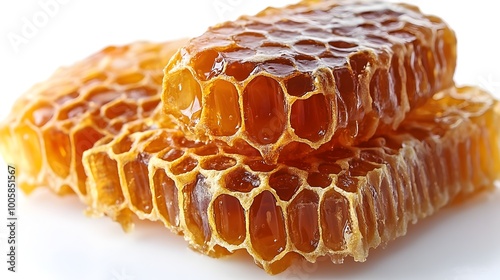 Closeup of delicate honeycomb cells filled with golden,thick and viscous honey on a plain white background.