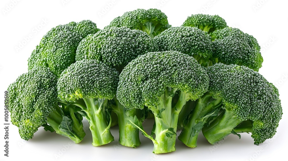 Closeup of Fresh Organic Broccoli Florets in a Bunch on a White Background. Healthy,Nutritious Vegetable Ideal for Clean Eating,Vegan,and Vegetarian Recipes and Cuisine. Closeup of Fresh Organic Broccoli Florets in a Bunch on a White Background. Healthy,Nutritious Vegetable Ideal for Clean Eating,Vegan,and Vegetarian Recipes and Cuisine.