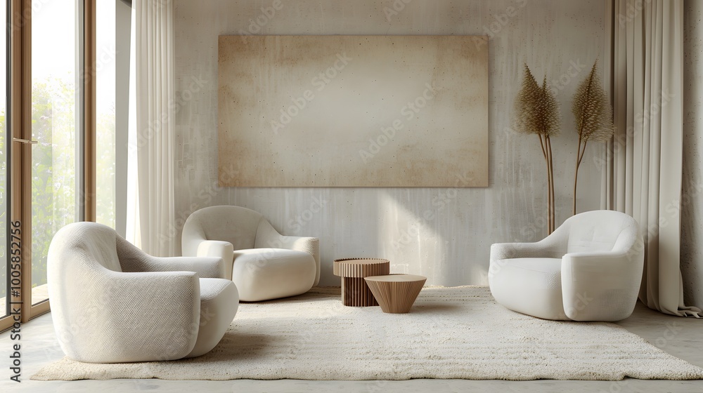 Stylish Boucle Lounge Chairs and Sofa in a Classic Minimalist Living Room Interior Design View Stylish Boucle Lounge Chairs and Sofa in a Classic Minimalist Living Room Interior Design View