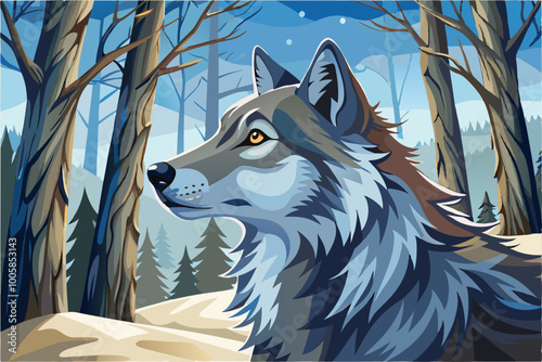 grey wolf vector between trees illusration cartoon, winter landscape background