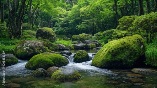The tranquil Rock Garden at Mt. Mitake, with large, mossy boulders and flowing water set against a lush green forest backdrop in the scenic valley of Ome, Tokyo.