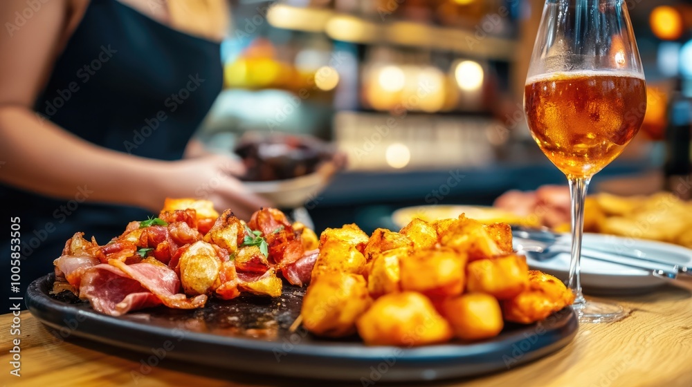 A delectable platter of crispy potatoes and savory meats, paired with a refreshing drink, perfect for culinary delights. A delectable platter of crispy potatoes and savory meats, paired with a refreshing drink, perfect for culinary delights.