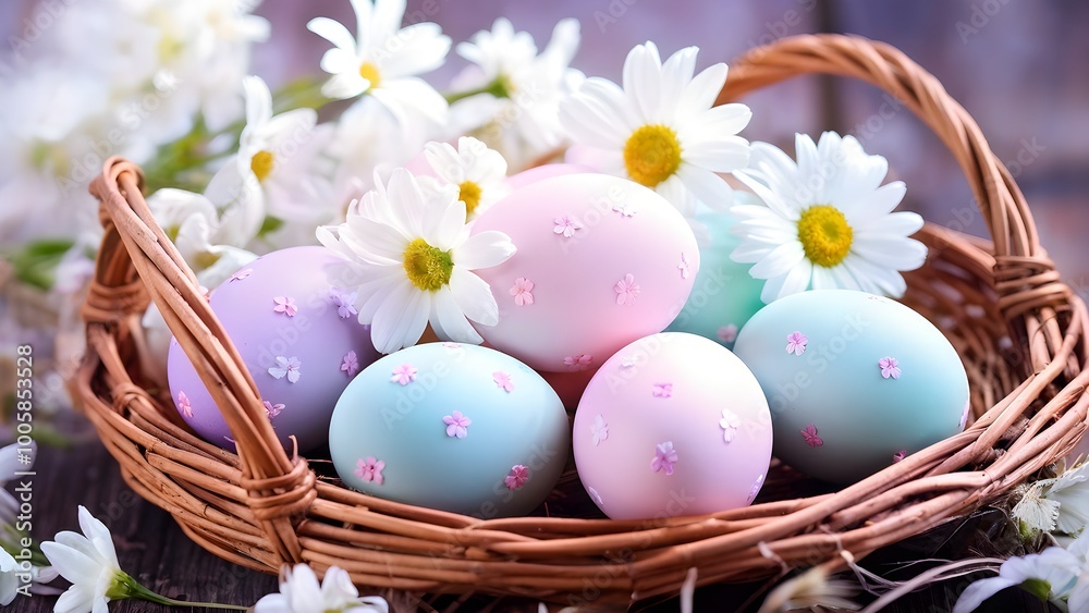 pastel-colored Easter eggs in a wicker basket, surrounded by delicate spring flower pastel-colored Easter eggs in a wicker basket, surrounded by delicate spring flower