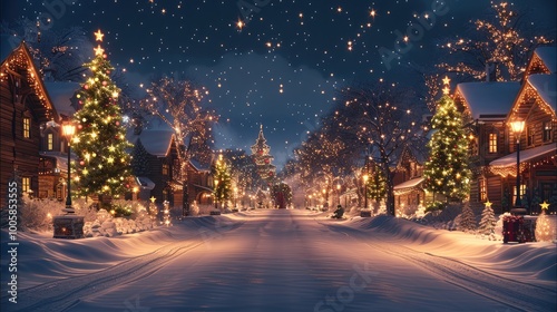 A beautiful Christmas trees, at night time Christmas city, with a Christmas trees and snow covered buildings warm lights with a dark night sky, with a stars showing.