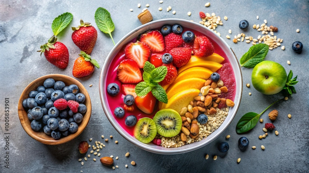 Vibrant Smoothie Bowl with Colorful Fruits and Granola on Minimalist Background with Copy Space Vibrant Smoothie Bowl with Colorful Fruits and Granola on Minimalist Background with Copy Space