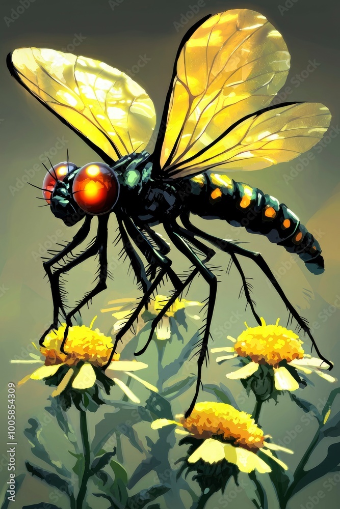 Dragonfly Perched on Yellow Flowers Dragonfly Perched on Yellow Flowers