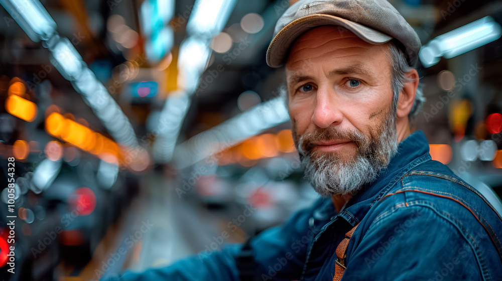 Portrait of a man worker working on a car assembly line for automotive industry Portrait of a man worker working on a car assembly line for automotive industry