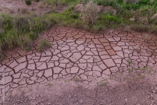 Cracked mud and grass in a puddle in a dirt road that has dried up in the heat, showing a crazed pattern and interesting shapes in the outback countryside near Wilcannia in New South Wales, Australia. photo