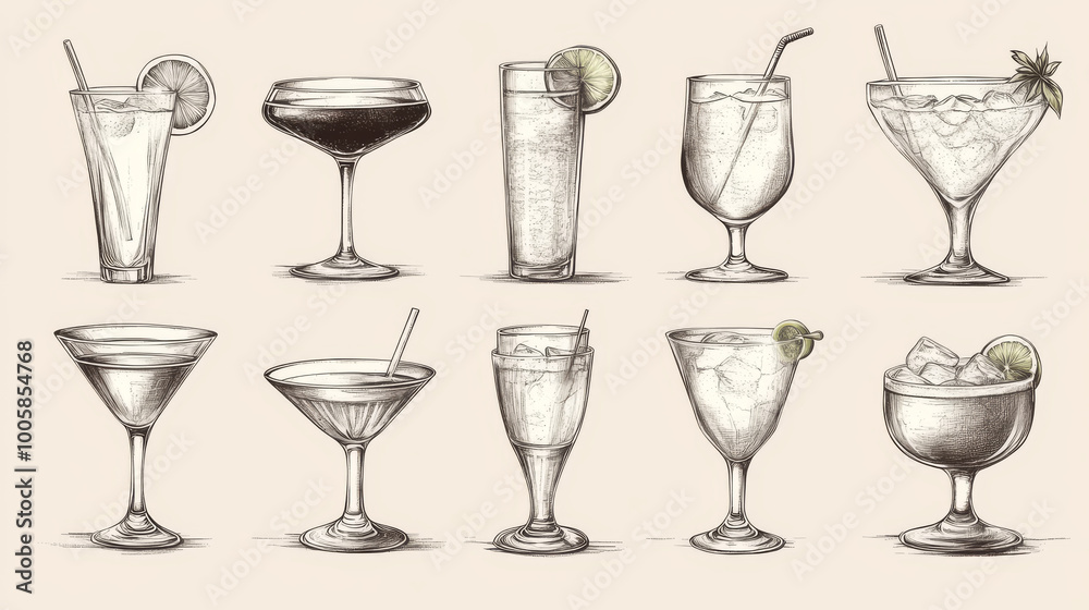 A set of hand-drawn pictures showing different types of glasses for cocktails. A set of hand-drawn pictures showing different types of glasses for cocktails.