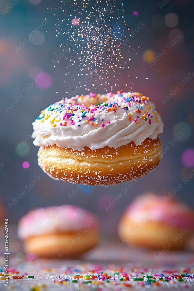 Floating Paris Brest with Vibrant Colorful Sprinkles and Glitter Enhancing the Delightful Dessert