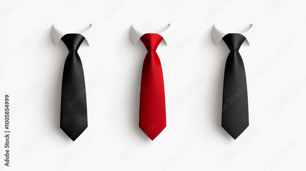 This set includes three realistic 3D necktie icons. They are red, black, and white and stand out against a white background. This set includes three realistic 3D necktie icons. They are red, black, and white and stand out against a white background.