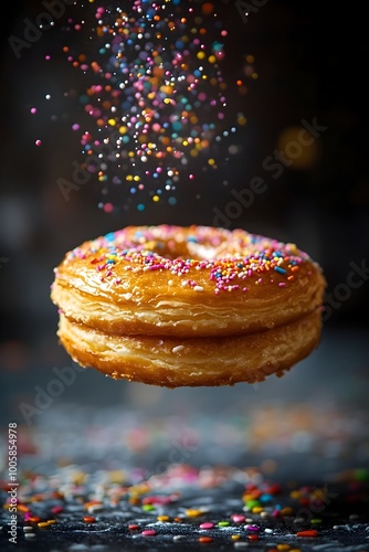 Floating Galette des Rois with Vibrant Colorful Sprinkles Suspended in Midair photo