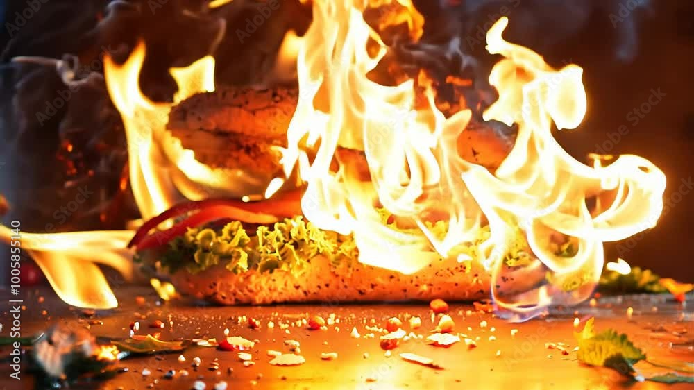 Fiery Gourmet Burger with Flames and Smoke on Dark Background Fiery Gourmet Burger with Flames and Smoke on Dark Background