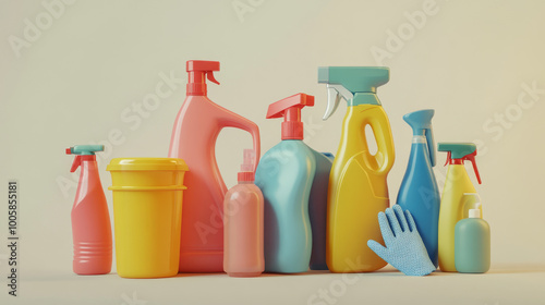 This image shows a group of realistic 3D cleaning supplies, like bottles, buckets, and gloves, used for cleaning kitchens and homes. They're all separate from the background.