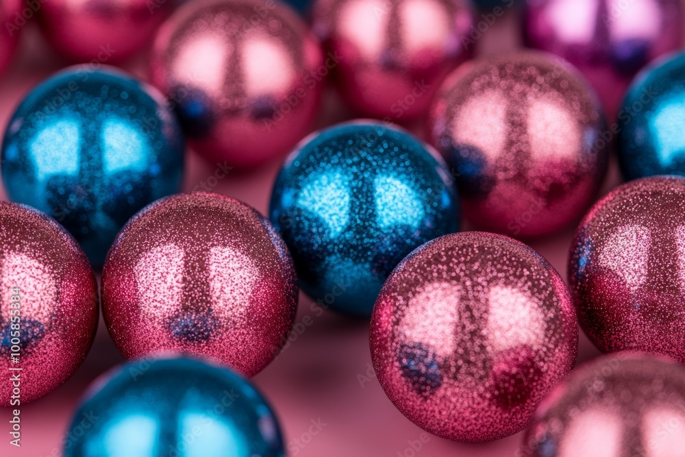 Close-up of glittery pink and blue Christmas ornaments on a soft pink background, representing festive decoration. Close-up of glittery pink and blue Christmas ornaments on a soft pink background, representing festive decoration.
