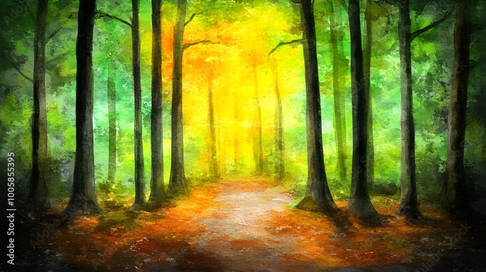 Fototapeta premium Watercolor Painting of Forest Path with Sunbeams