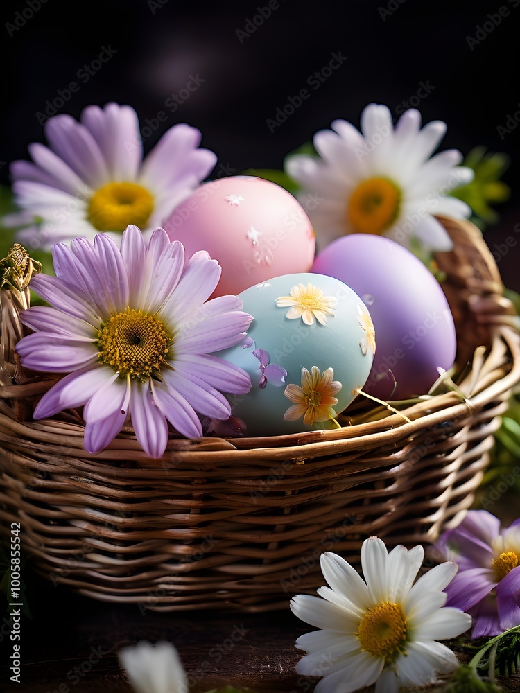 pastel-colored Easter eggs in a wicker basket, surrounded by delicate spring flower pastel-colored Easter eggs in a wicker basket, surrounded by delicate spring flower