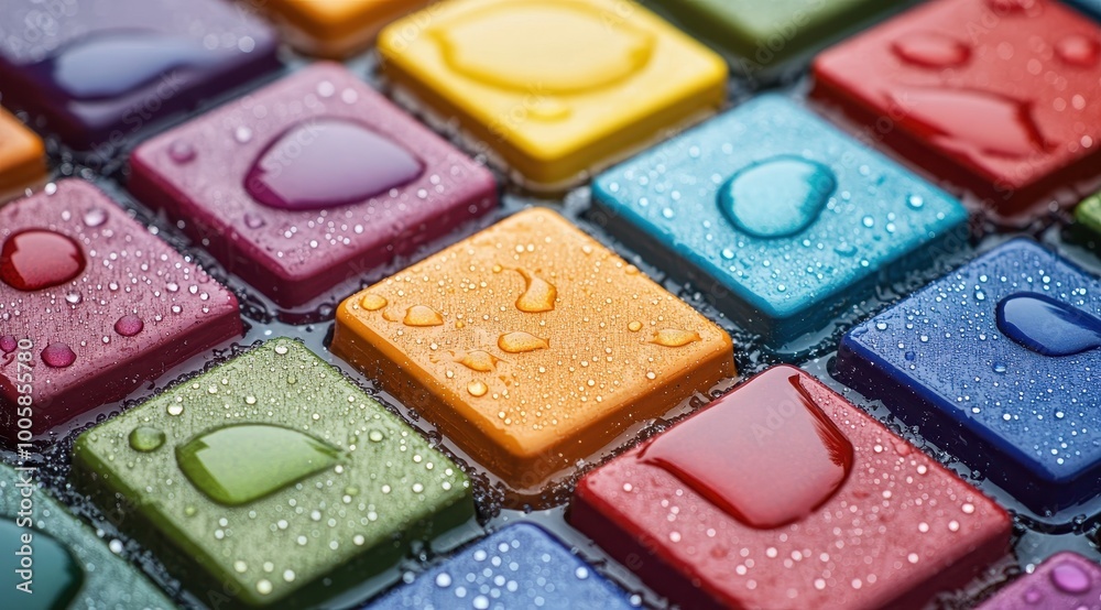 Close-up of colorful square tiles with water droplets, representing the use in building materials for rainwater collection and materials that can be used to create fictional drugs. Close-up of colorful square tiles with water droplets, representing the use in building materials for rainwater collection and materials that can be used to create fictional drugs.
