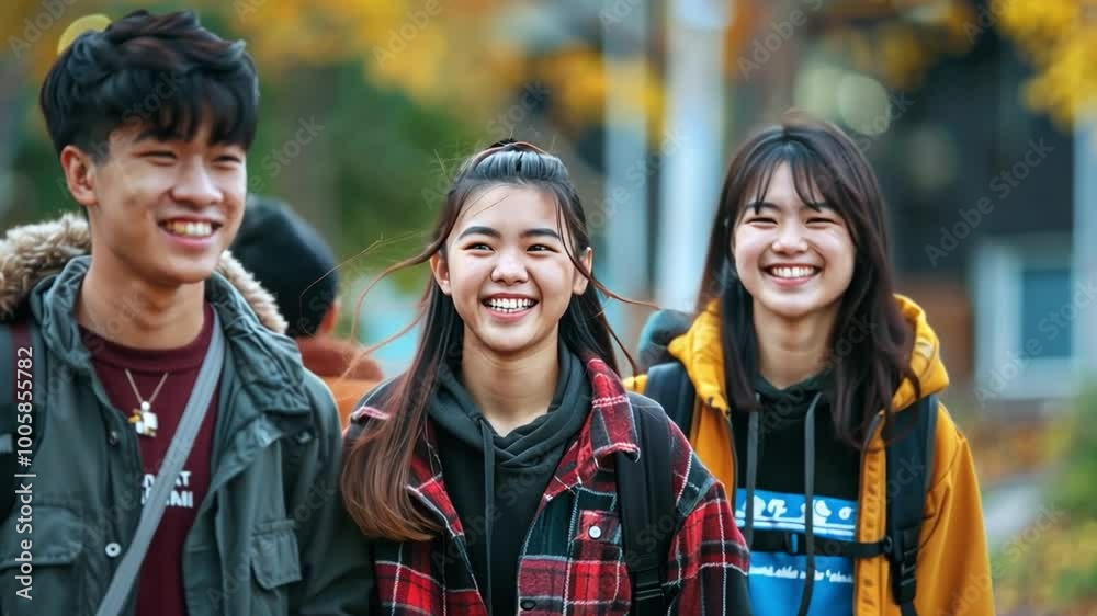 A group of three students walks along a path in an autumn park, smiling and laughing together. Their cheerful expressions reflect a joyful moment spent outdoors with friends. A group of three students walks along a path in an autumn park, smiling and laughing together. Their cheerful expressions reflect a joyful moment spent outdoors with friends.