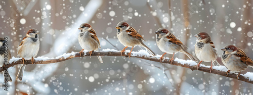 A group of beautiful little birds, some standing on the branch and others sitting down with their backs to each other, against a blurred background