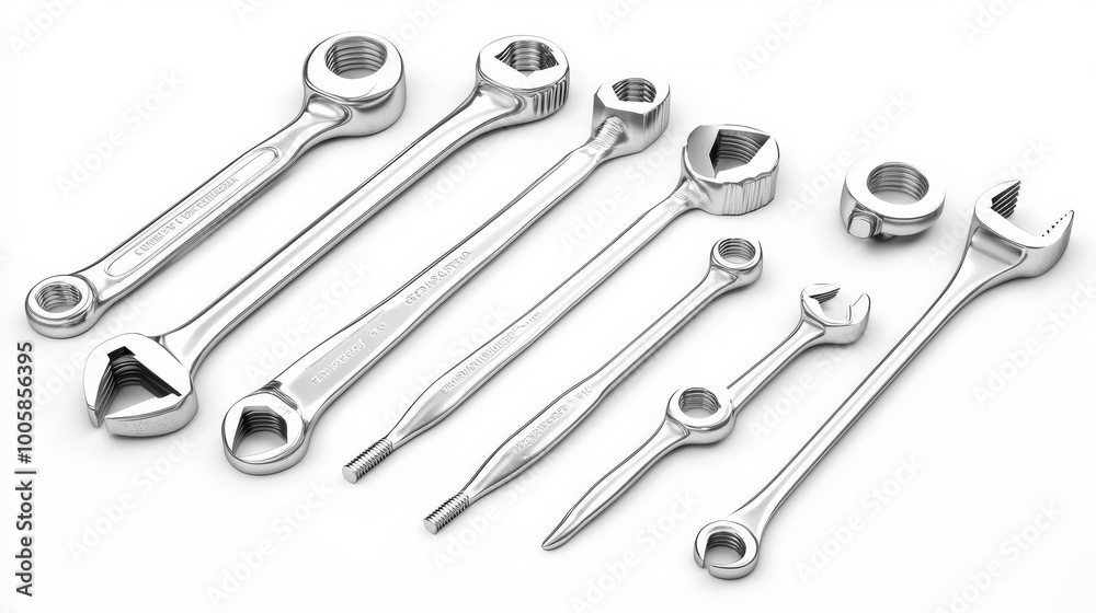 A set of realistic 3D drawings showing common plumber tools like wrenches and spanners. The images are isolated on a white background. A set of realistic 3D drawings showing common plumber tools like wrenches and spanners. The images are isolated on a white background.
