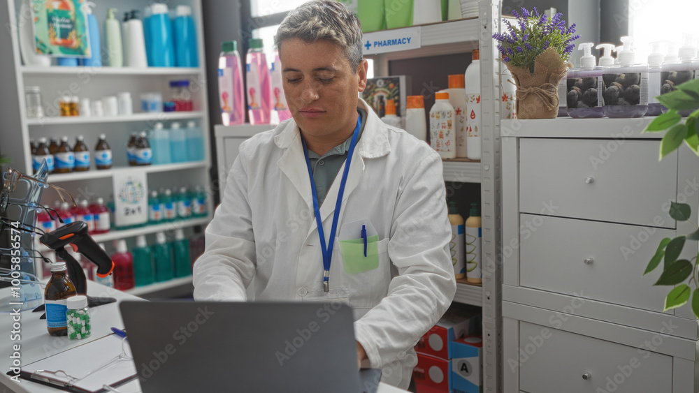 Young man working on a laptop in a pharmacy interior, surrounded by medicine bottles, beauty products, and shelves, dressed in a white lab coat. Young man working on a laptop in a pharmacy interior, surrounded by medicine bottles, beauty products, and shelves, dressed in a white lab coat.