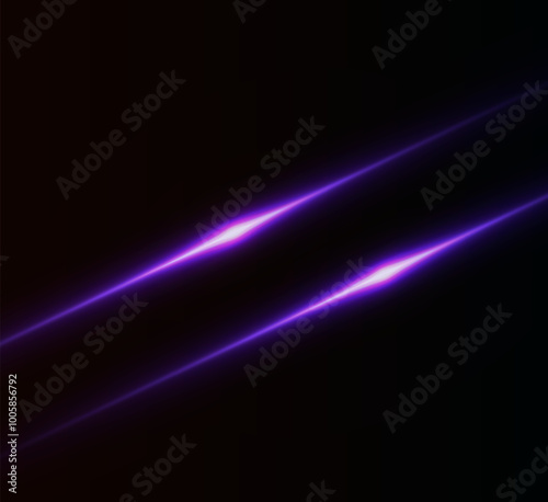 Light pink effect reflections, neon illumination in violet colors. Bright light lens. Police light effects, lines. Shiny stars, glowing sparks on a black background. Vector pink light effect