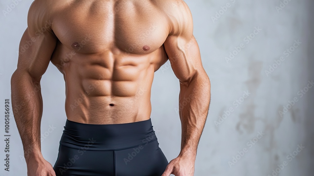 Fototapeta premium A fit male model showcasing toned abs and a muscular physique against a neutral background, ideal for fitness and health themes.