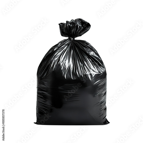 Filled black plastic trash bag, isolated on transparent cutout background