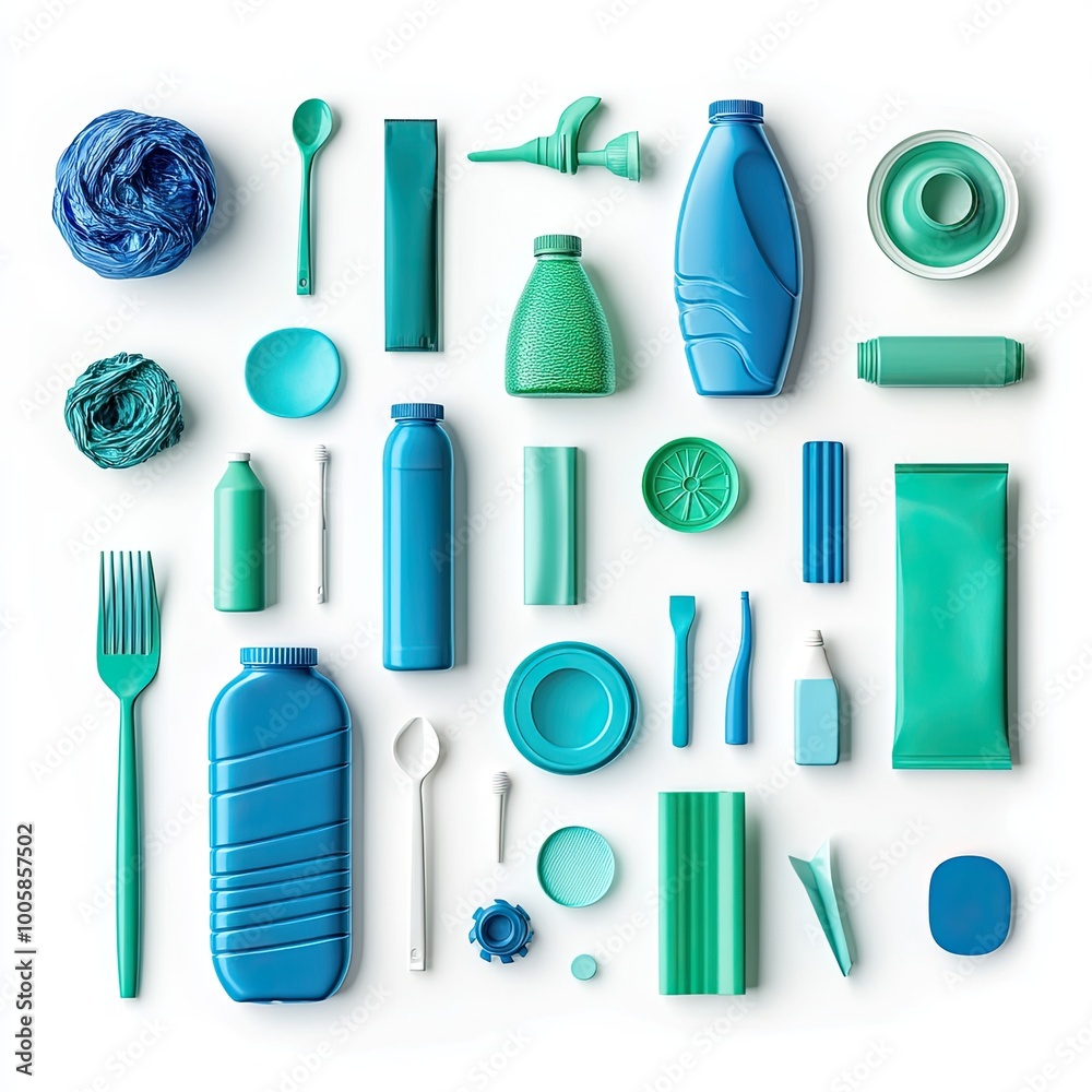 Fototapeta premium A flat lay of various blue and green plastic objects arranged creatively, showcasing modern design and vibrant colors.