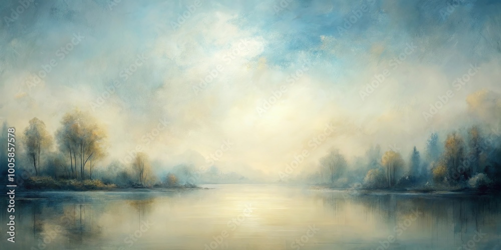 Serene Landscape with a Misty River and Silhouetted Trees Serene Landscape with a Misty River and Silhouetted Trees