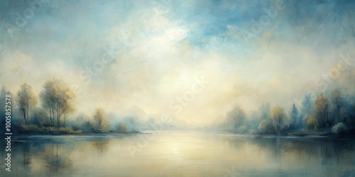 Serene Landscape with a Misty River and Silhouetted Trees