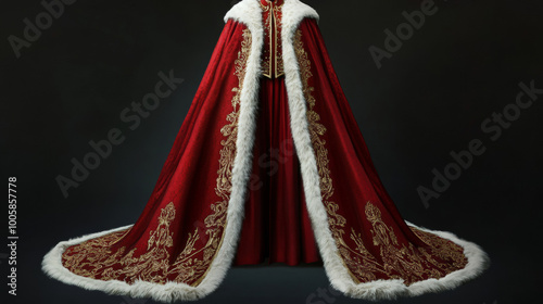 A flowing red cape with white fur trim and golden accents. Perfect for a king, carnival, or anyone wanting a royal look.
