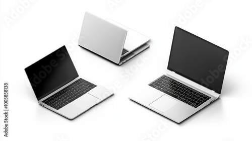 This collection includes realistic 3D laptop designs. You'll find views from the side, front, back, and a 3/4 angle.  They're isolated on a white background, making them perfect for your ads. photo