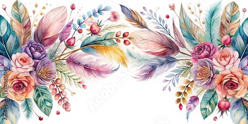 Fototapeta Naklejka Na Ścianę i Meble -  Watercolor Floral and Feather Border with Delicate Roses and Berries