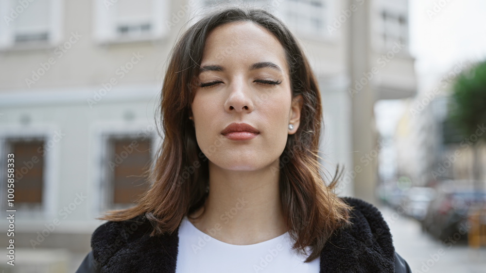Serene young hispanic woman with closed eyes in urban street setting, showcasing beauty and peacefulness.
