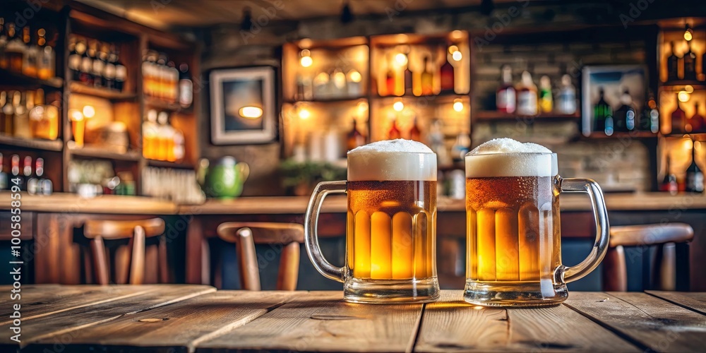 Two Frothy Beers Await on a Wooden Table in a Cozy Bar
