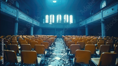 Empty school theater room filled with chairs thrown around on the ground.