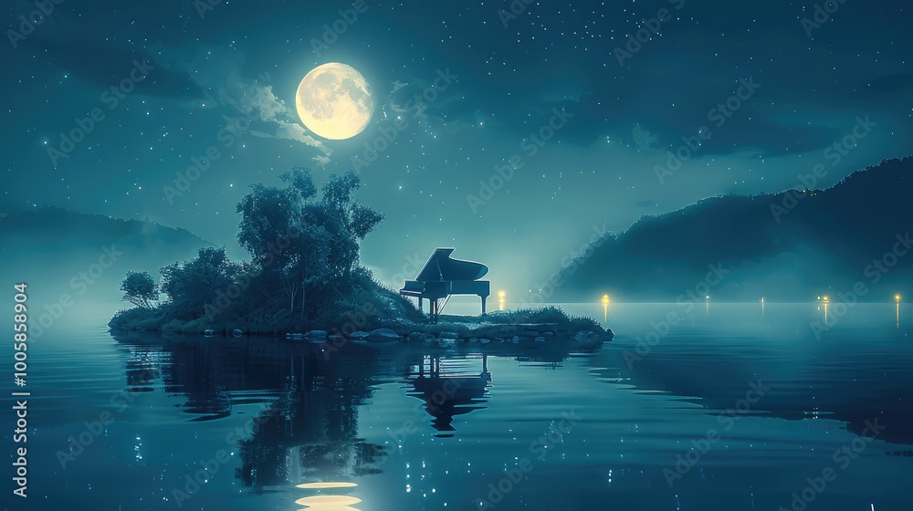 Fototapeta premium Night, starry night sky, crescent moon, moonlight, a grand piano on a glowing island, calm water reflection, piano emitting ethereal white light.