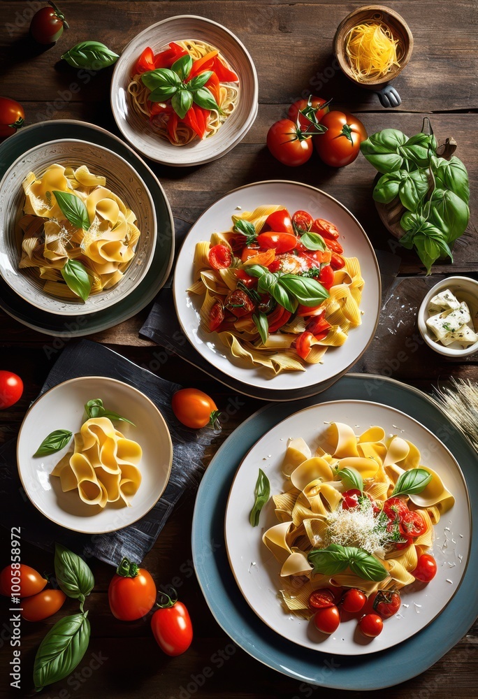colorful plates fresh italian pasta surrounded vibrant ingredients such cheese artful culinary presentation, vegetables, herbs, sauce, garlic, olive, oil colorful plates fresh italian pasta surrounded vibrant ingredients such cheese artful culinary presentation, vegetables, herbs, sauce, garlic, olive, oil