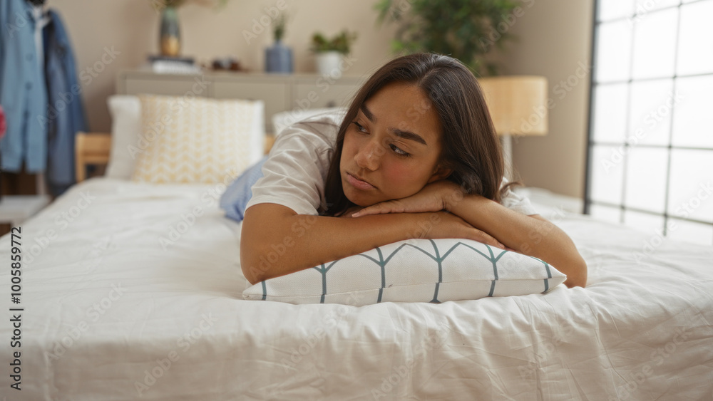 Young, beautiful, brunette, hispanic, woman lying on bed indoors in a cozy, modern bedroom setting. Young, beautiful, brunette, hispanic, woman lying on bed indoors in a cozy, modern bedroom setting.