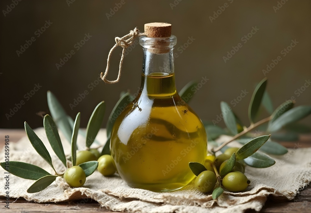 an antique olive oil bottle on an old cloth there are olive branches and olives around the bottle, all on a blue table with the sea in the background. next to the bottle there are toasts an antique olive oil bottle on an old cloth there are olive branches and olives around the bottle, all on a blue table with the sea in the background. next to the bottle there are toasts