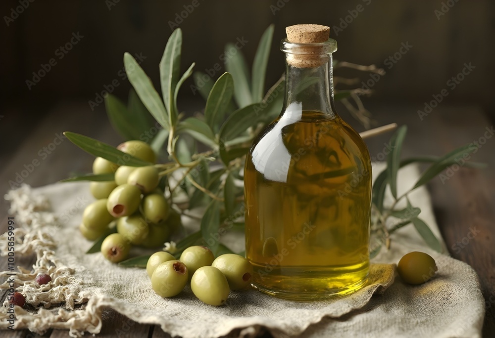 an antique olive oil bottle on an old cloth there are olive branches and olives around the bottle, all on a blue table with the sea in the background. next to the bottle there are toasts an antique olive oil bottle on an old cloth there are olive branches and olives around the bottle, all on a blue table with the sea in the background. next to the bottle there are toasts