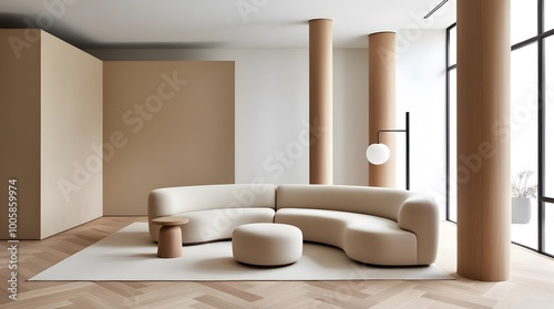 Modern living room interior with modern furniture and big size window