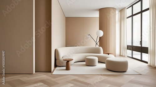Modern living room interior with a blank wall modern furniture and big size window