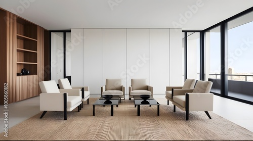 Modern living room interior with modern sofa bookself and big size window